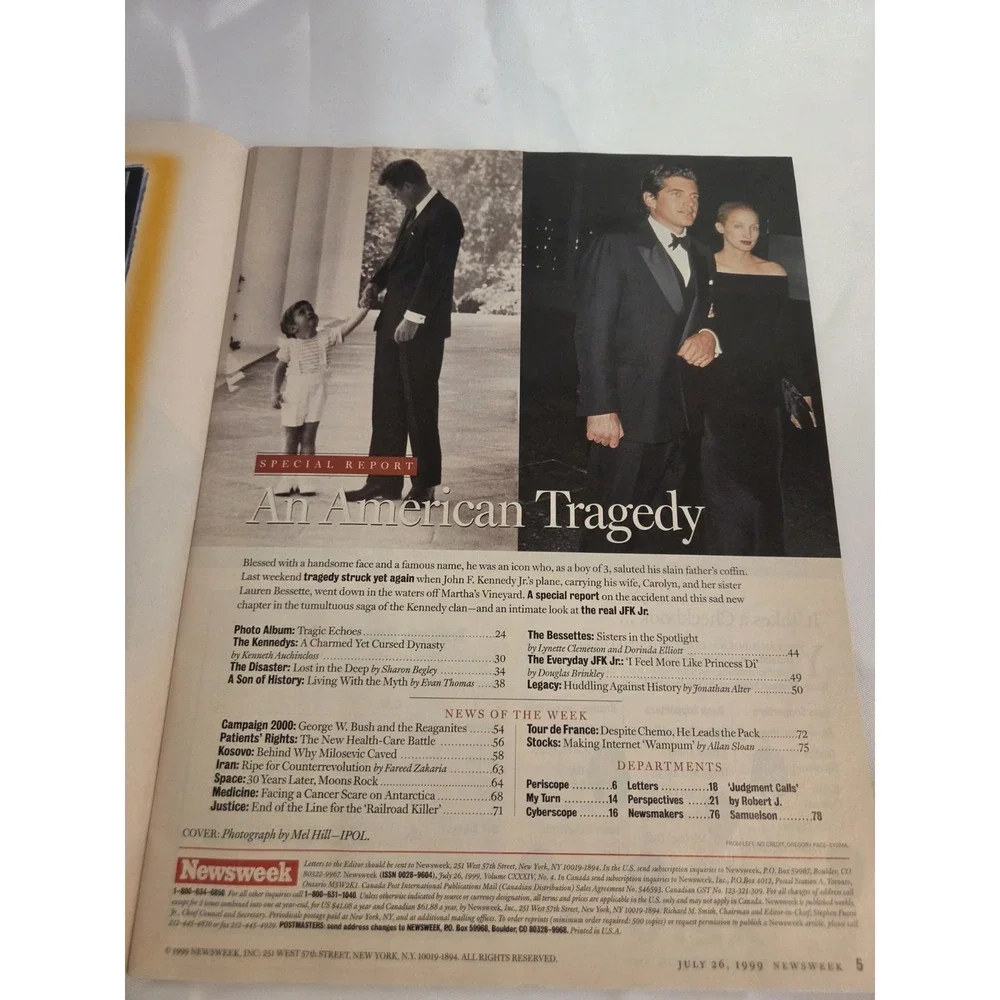 John F Kennedy, Jr Cover Newsweek Magazine July 26, 1999 Special Report RIP